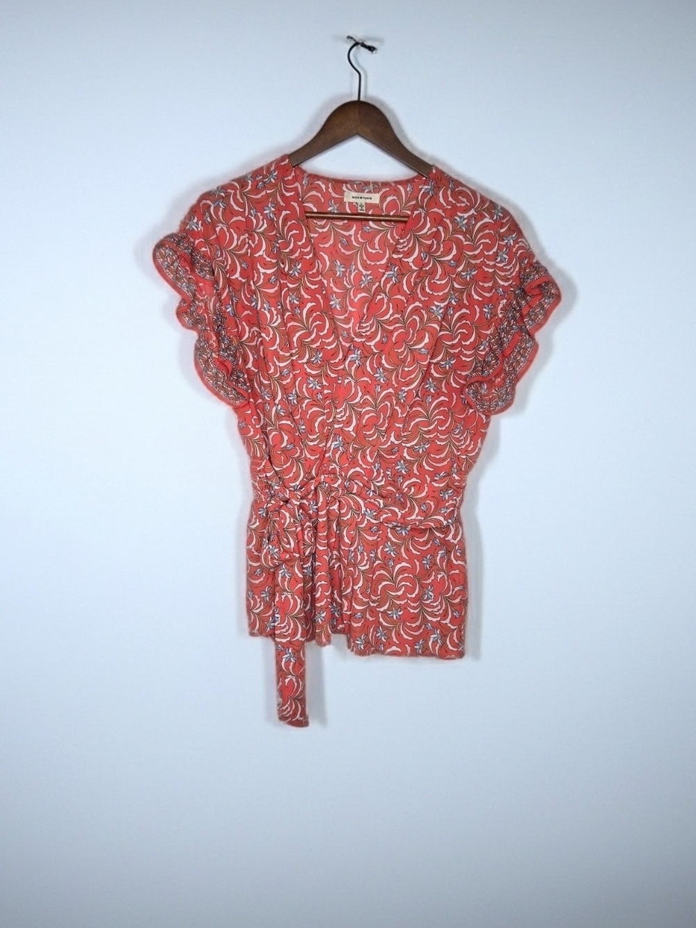 Max Studio Faux Wrap Coral Red White Floral Flutter Sleeve Tie Waist Blouse -L